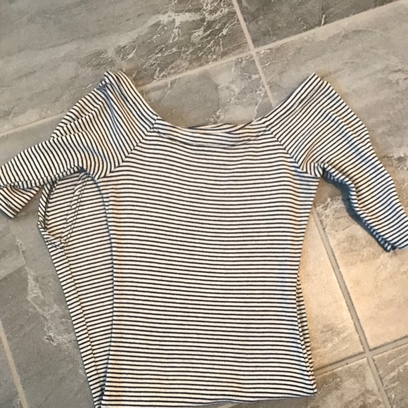 Off the shoulder black and white striped dress. - Picture 1 of 3